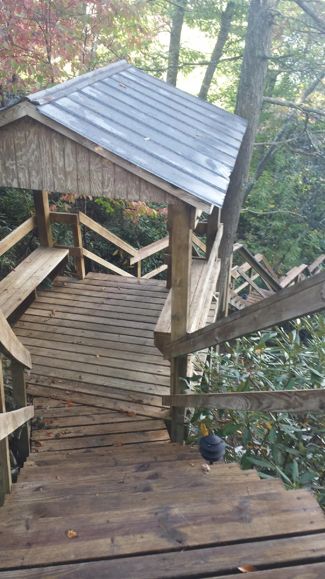 Metal roofed shelter over wooden steps on a wooded walkway — Skylight Repair & Installation work by our crew in Rufe
